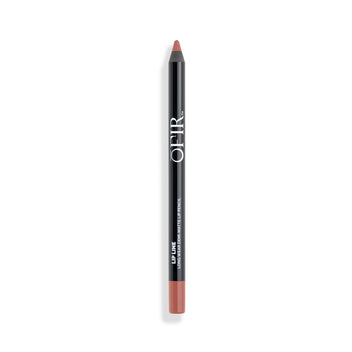 A sleek black lip liner pencil with a blush pink tip, featuring white lettering and a subtle sheen.