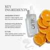 Serum bottle labeled "OFIR" surrounded by mandarin slices. Key ingredients listed: Mandarin Extract for brightening, Sodium Hyaluronate for hydration, and Ectoin for skin protection and nourishment.