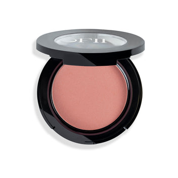 Open compact featuring a muted pink blush in a sleek black case with a transparent lid.