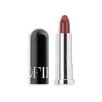 Open black and silver lipstick tube with rich burgundy shade.