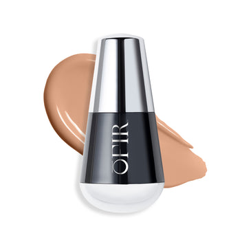 OFIR foundation bottle with a swatch of a medium cool nude-colored liquid foundation on a blank background