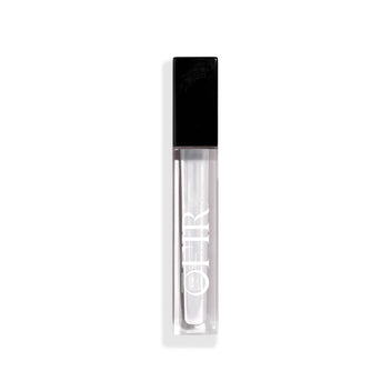 Transparent lip gloss in a sleek, rectangular tube with a black cap, featuring bold white lettering.