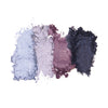 Four crushed purple/cool  eyeshadow swatches, showcasing shimmer, texture, and pigment intensity