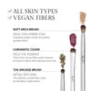 Makeup brush collection suitable for all skin types, featuring vegan fibers. Includes Soft Arch Brush for ombre eyes, Chromatic Cover for pigment application, and Smudge Brush for detailed blending.