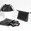 Three black OFIR pouches displayed on a white surface, with one open showing assorted makeup products inside