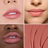 Collage showcasing a pink lipstick color in three different models, highlighting color variations on diverse skin tones with a close-up of the prodcut