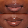 Comparison of lips before and after product application, displaying transformation from matte to a glossy finish.