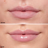 Side-by-side comparison showing lips before and after application of a gloss, highlighting a smoother texture and enhanced shine in the "after" section.