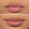 Before-and-after comparison of lips, showcasing a transformation from a natural matte appearance to a glossy, hydrated look.
