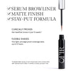 Benefits image for Serum Browliner. Text highlights product benefits: "Serum Browliner" "Matte Finish" "Stay-Put Formula" Text reads: "Clinically Proven. Get healthier brows in just 12 weeks*" "Flexible Shades. This light smudge proof coverage lasts up to 12 hours"
* Independent study of 33 consumers who conducted self assessments after 12 weeks of daily product use