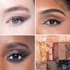 Four eye makeup styles showcasing various eyeshadow techniques, including neutral, bold, and smokey looks. Accompanying swatches display a range of colors from soft pinks to deep blacks, highlighting texture and pigmentation.