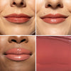 Collage showcasing aa warm terracotta pink lip gloss shade in three different models, highlighting color variations on diverse skin tones with a close-up of its smooth, shiny texture