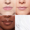 Three diverse lip shades showcasing glossy finishes; a smooth texture background complements the elegant presentation.