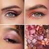 Close-up views of three eye makeup styles showcasing shimmery purple, soft orange, and pastel pink tones, alongside a textured array of crushed eyeshadow palettes in matching shades.