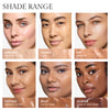 shade range chart showing six models wearing different shades of sheer skin. Shades include Bare Rice (Very Fair to Fair), Quinoa (Light), Rye (Medium), Papyrus (Medium to Tan), Millet (Tan to Deep), and Allspice (Deep to Very Deep)