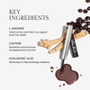Ingredients image for Brow Tonic. Text highlights product benefits: "L-Arginine. Potent amino acid that may support brow hair health" "Caffeine. Revitalizes and enhances the appearance of brows" "Hyaluronic Acid. Moisturizes to help breakage resilience"