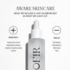Aware Skincare serum highlighting its inclusion of hyaluronic acid, mandarin extract, sodium hyaluronate, and ectoin, while being free from parabens, petrolatum, silicones, and talc.