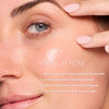 Close-up of a woman's face with skincare serum being applied, highlighting clear, hydrated skin. Overlay text outlines usage steps: apply serum, allow to dry, use alone or under makeup, and function as a primer or night serum.