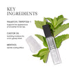 Transparent lip gloss tube accompanied by key ingredient highlights: Palmitoyl Tripeptide-1 for smoother lips, Castor Oil for moisture and gloss, and Menthol for a cooling effect. Mint leaves and gloss smear add natural elements.