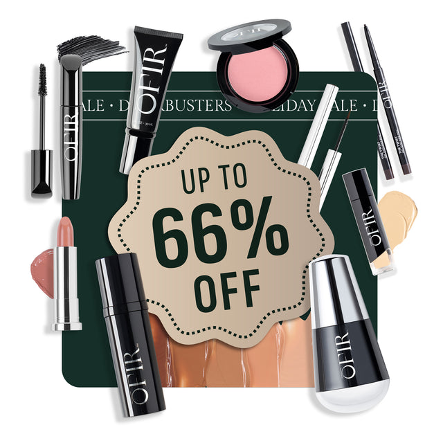 Various makeup products, including mascara, lipstick, and foundation, are arranged around a bold sign advertising up to 66% off.