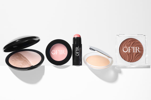 makeup products displayed on a white background: one highlighter, one blush, blush stick, and one cream bronzer.