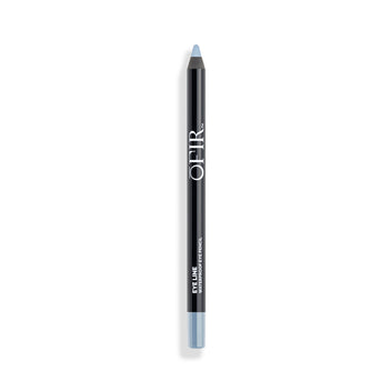 Waterproof eye pencil with a sleek black body and light blue tip, designed for precise and long-lasting application.