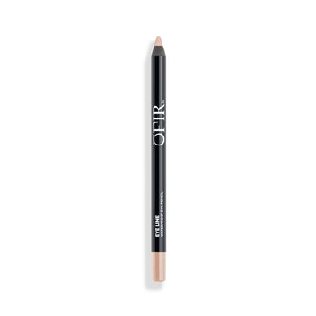 Black waterproof eye pencil with branded text, featuring a nude shade at the tip for precise application.