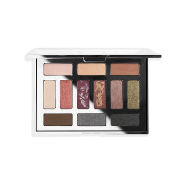 Eyeshadow palette featuring twelve diverse shades, including matte, shimmer, and metallic finishes, arranged in a sleek black case.