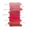 Variety of lipstick shades displayed vertically, including Blush, Rose, Hibiscus, Fig, Cranberry, Chili, Cherry, Brick, and Toffee. Each shade is swatched with its name labeled.