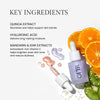 Key ingredients of a skincare product feature quinoa extract for skin support, hyaluronic acid for moisture, and mandarin and kiwi extracts for brightness and even tone. Accompanied by a dropper bottle and sliced citrus and kiwi.