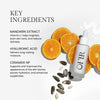 Key ingredients include mandarin extract for brightening and even skin tone, hyaluronic acid for long-lasting moisture, and ceramide NP for enhancing skin barrier and hydration. Accompanied by images of sliced mandarin, sunflower seeds, and a product bottle.