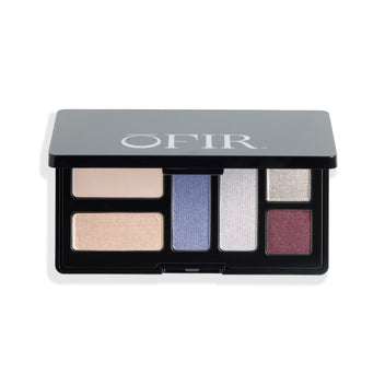 OFIR eyeshadow palette with six shades going from neutral to jewel tones on a white background
