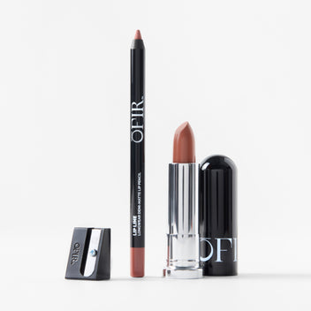 OFIR nude lipstick, lip liner, and sharpener set in matching warm pink tones