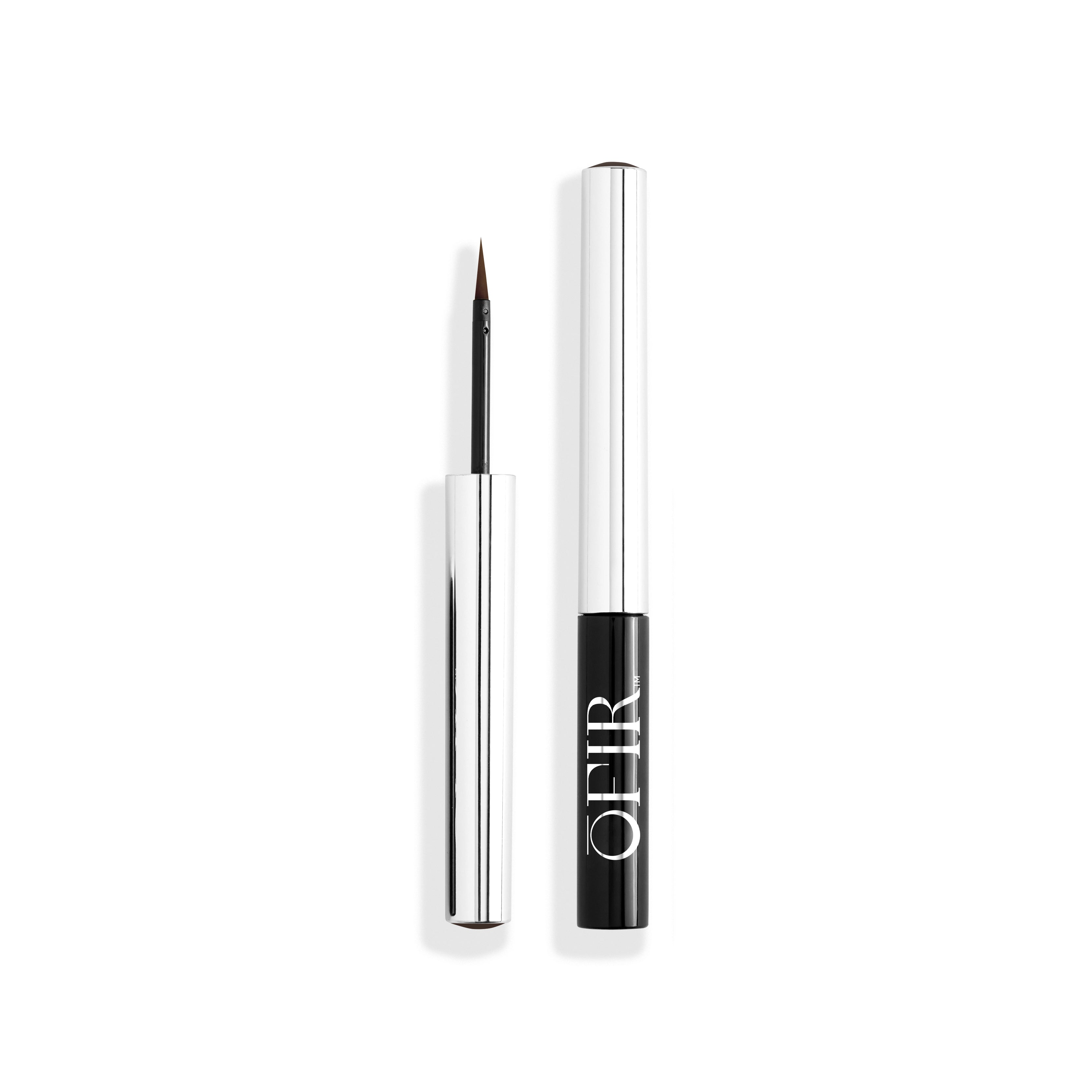 Silver and black liquid eyeliner with a fine-tipped brush applicator, ideal for precision makeup application.