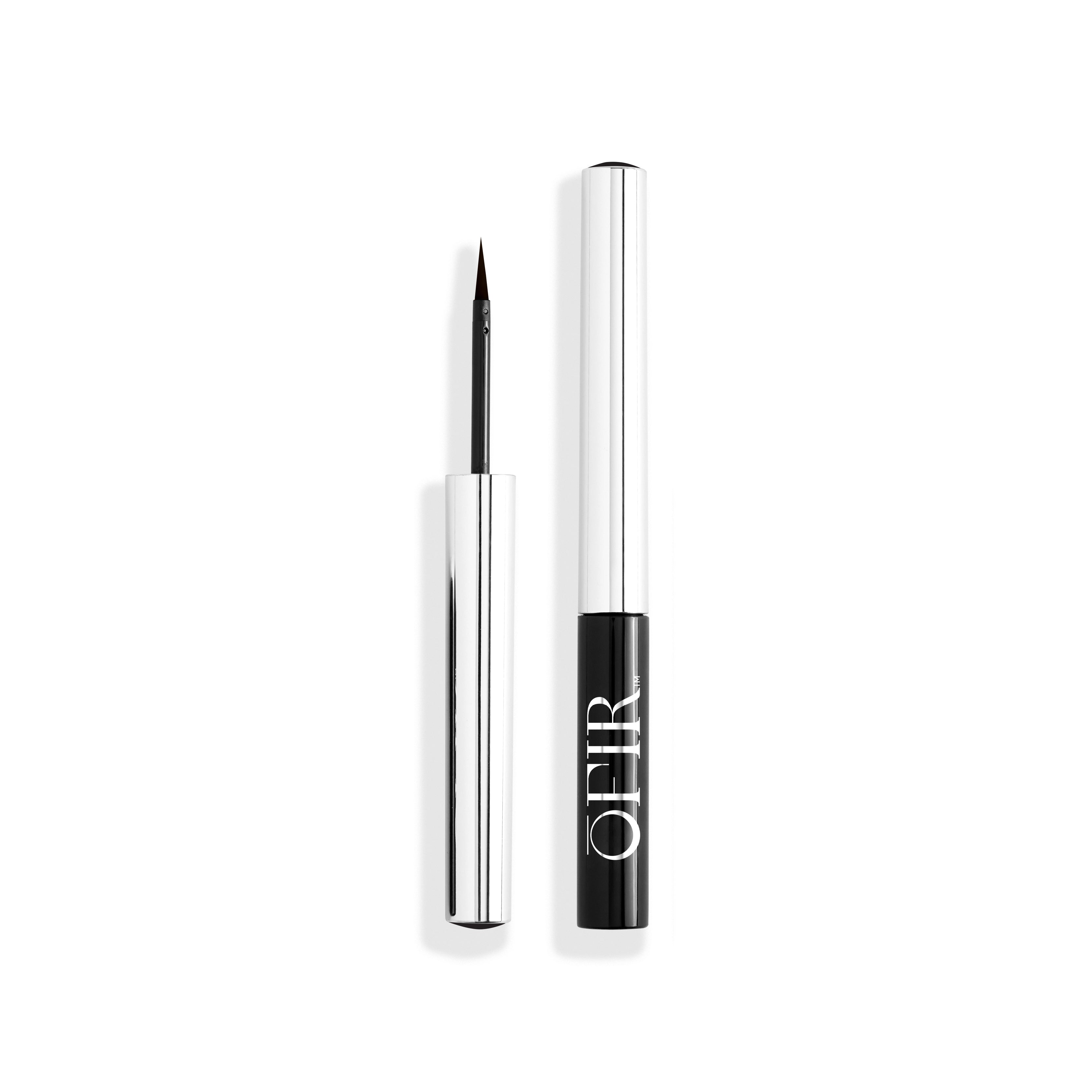 A sleek, silver and black liquid eyeliner pen with a fine brush tip for precise application.