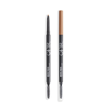 Two precision brow pencils with spoolie brushes, featuring a sleek black design and retractable tips, perfect for defining and shaping eyebrows.