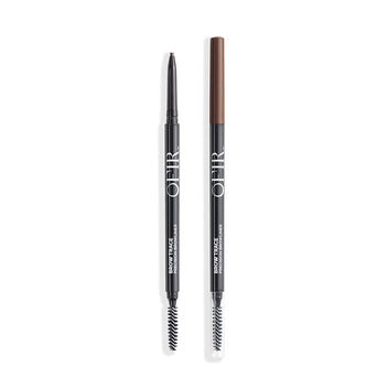 Two black brow pencils with spoolie brushes, one with a fine tip exposed and the other capped, designed for precision eyebrow shaping.