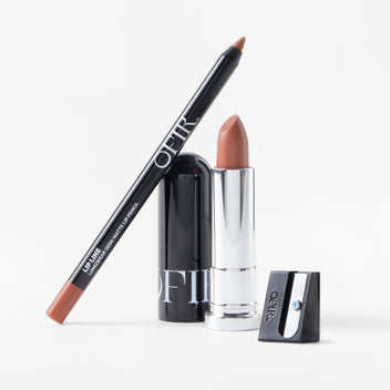 OFIR Off Pink Lip Kit. Lip Line longwear demi-matte lip pencil, Lip Rouge lipstick in Off Pink, and OFIR sharpener on white background