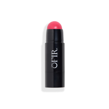 Cream blush stick in a black tube, revealing a rounded blush tip in a rich pink shade. Blank background