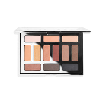 Versatile eyeshadow palette featuring 12 matte and shimmer shades in warm and neutral tones, housed in a sleek black and white case.