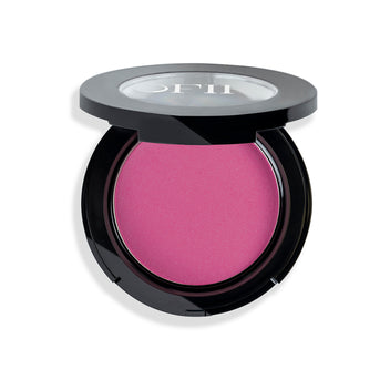 Compact with vibrant pink powder blush, encased in a sleek black case with a transparent lid.