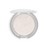 Compact highlighter with a shimmering, light-reflecting finish, encased in a sleek, round container with a white lid.