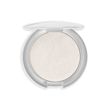 Compact highlighter with a shimmering, light-reflecting finish, encased in a sleek, round container with a white lid.