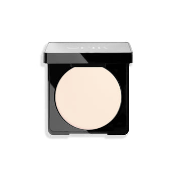Pressed face powder in a sleek black compact with a soft, fair nude, powder shade.