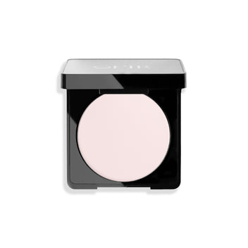 Pressed face powder in a sleek black compact with a pale, sheer powder shade.