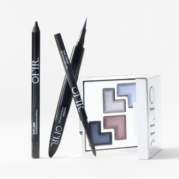 OFIR eye set with eyeliners and cool-toned eyeshadow palette in blue, silver, and plum shades
