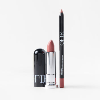 lipstick and matching lip pencil in soft nude shade with cap and tip visible