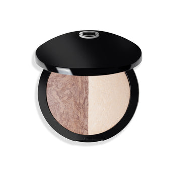Dual-tone face powder compact with a sleek black lid, featuring marbled and matte finishes.