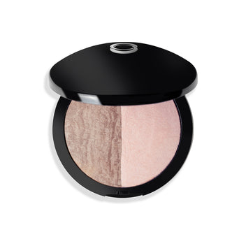 Compact with dual-toned pressed powder featuring a marbled taupe and a soft pink shade, encased in a sleek black case.