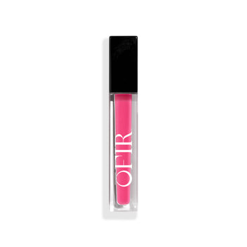 Clear tube with bright pink liquid lipstick, featuring a black cap and white lettering on the front.